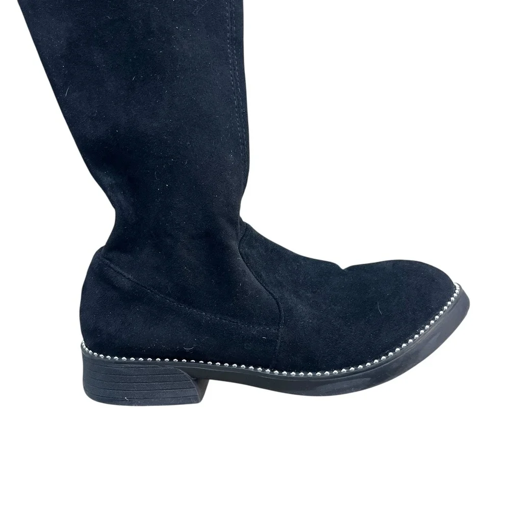 Women 35 Black Stretch Suede Silver Studded Knee High Tie Detail Flat Sole Boots